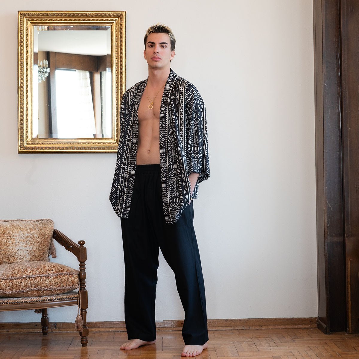 HERAKLES Oversize Men Kimono - Black/Dirty White - sabbia