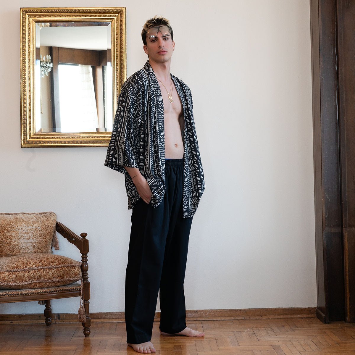 HERAKLES Oversize Men Kimono - Black/Dirty White - sabbia