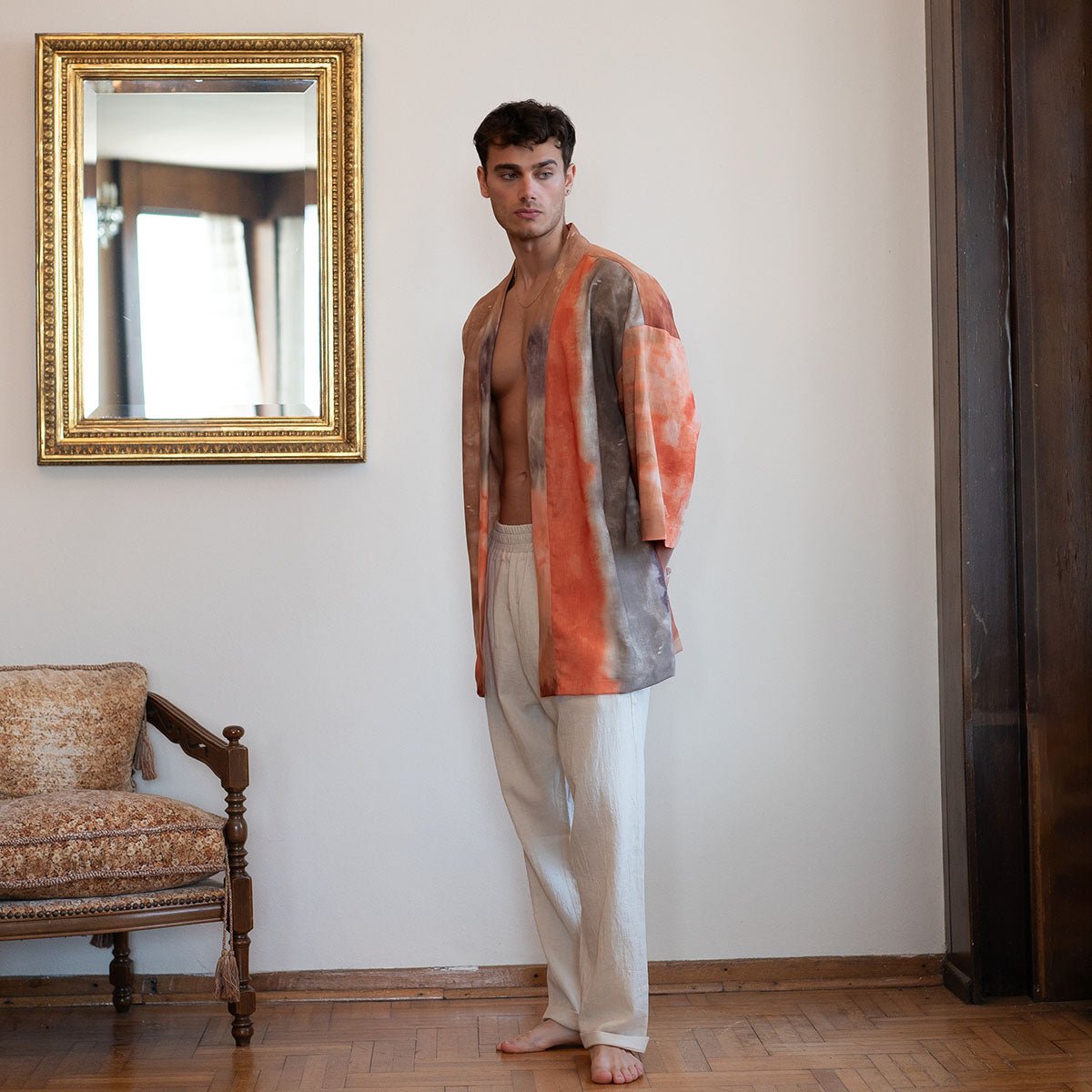 MELLONA Oversize Men Kimono - Brown/Orange/Cream - sabbia