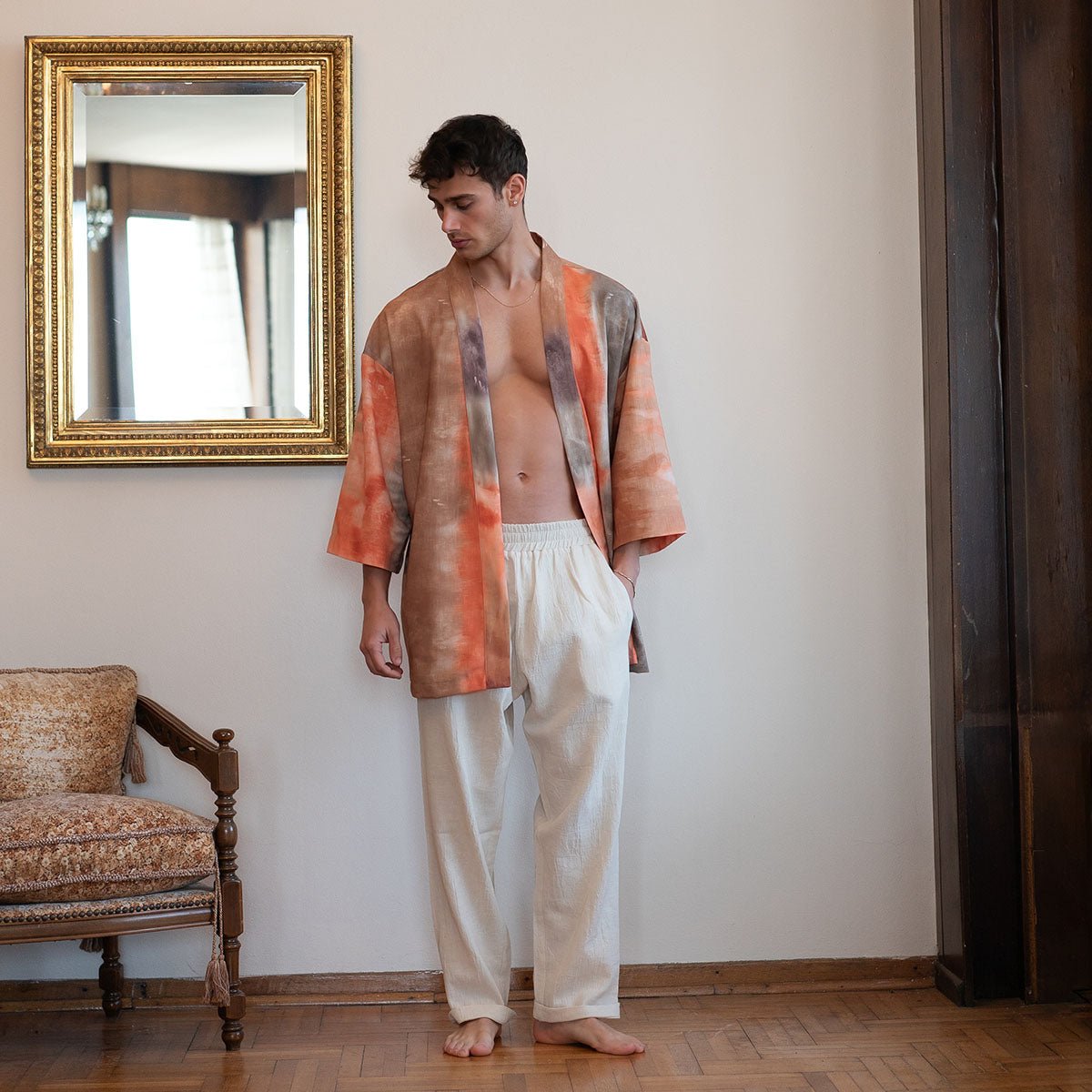 MELLONA Oversize Men Kimono - Brown/Orange/Cream - sabbia