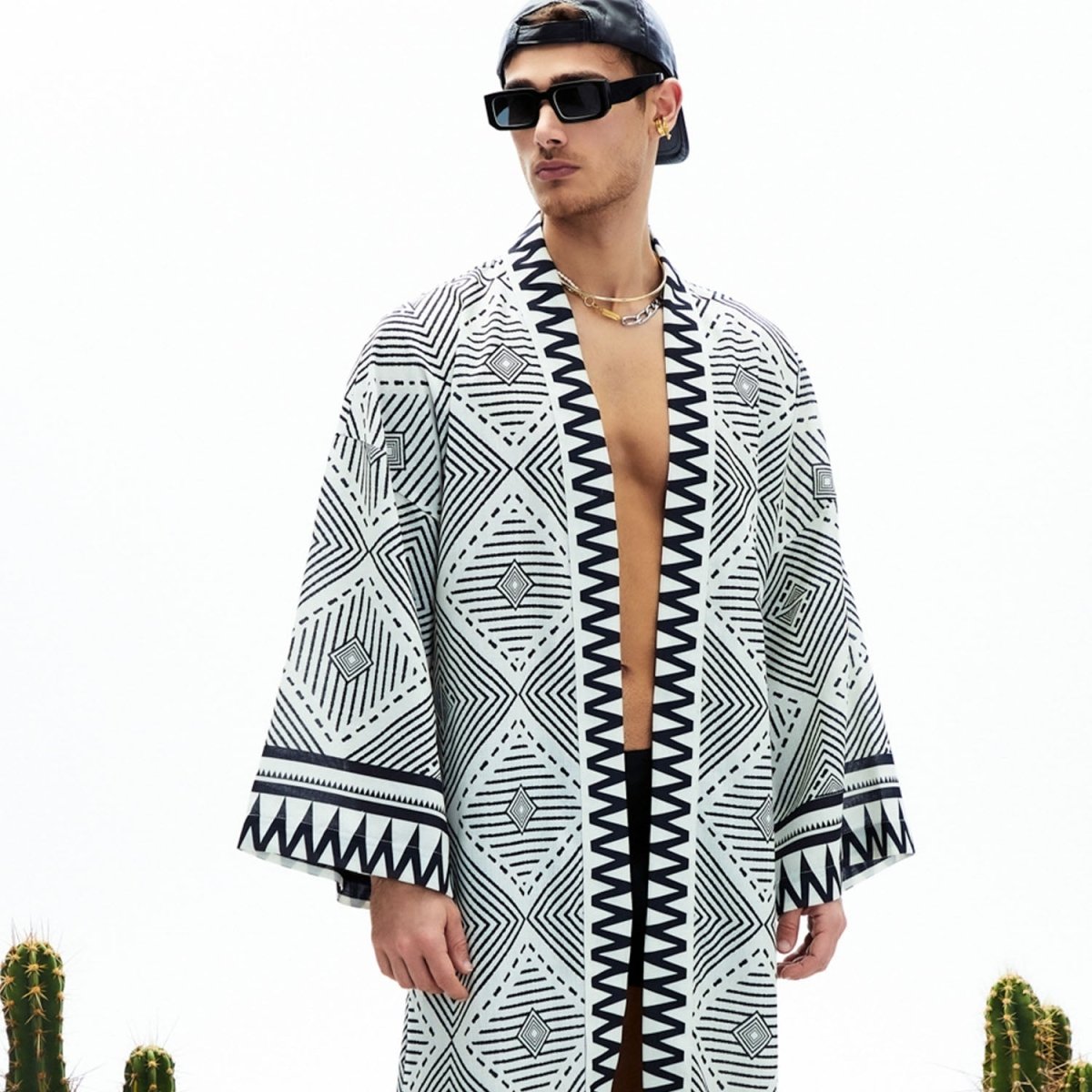 ARES Oversize Men Kimono - Black/White - Silk - sabbia