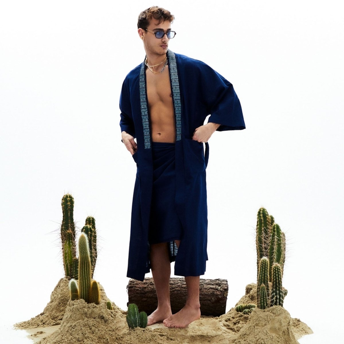 CELINE Oversize Men Kimono - Navy Blue - Silk - sabbia