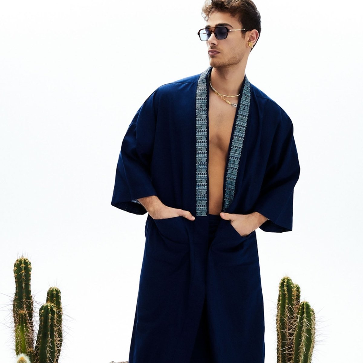 CELINE Oversize Men Kimono - Navy Blue - Silk - sabbia