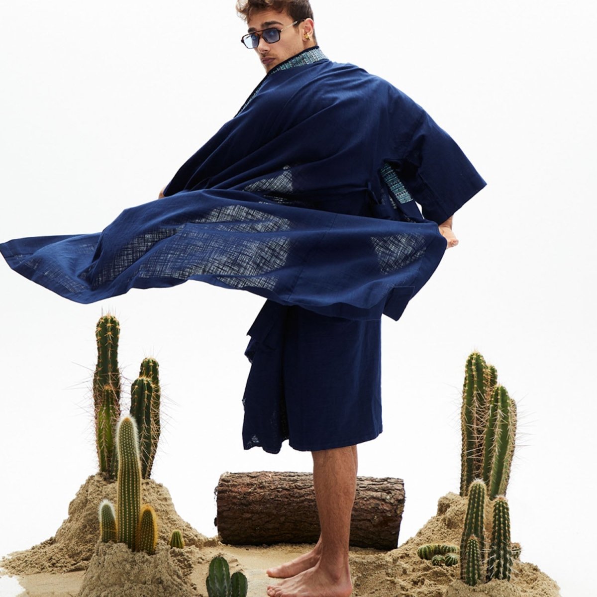 CELINE Oversize Men Kimono - Navy Blue - Silk - sabbia