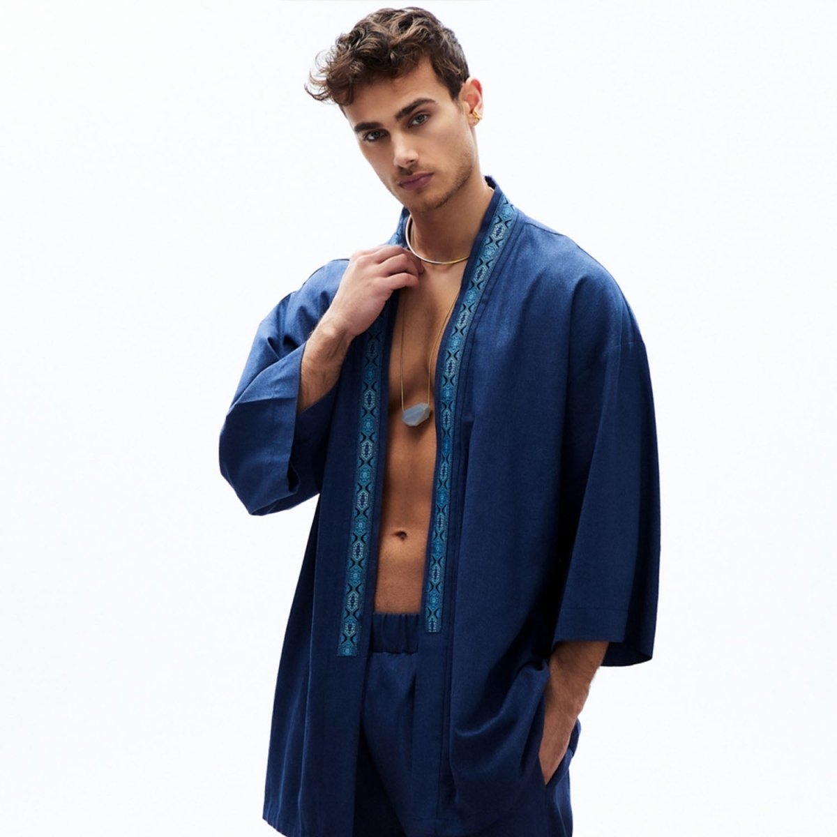 SALACIA Oversize Men Kimono - Dark Blue - sabbia