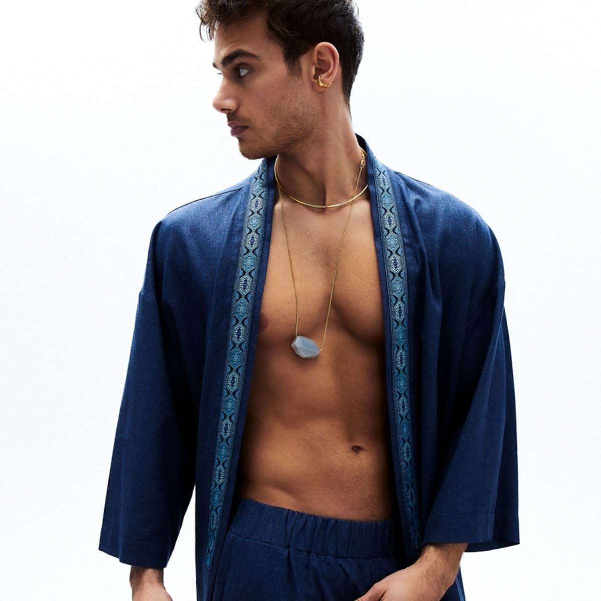 SALACIA Oversize Men Kimono - Dark Blue - sabbia