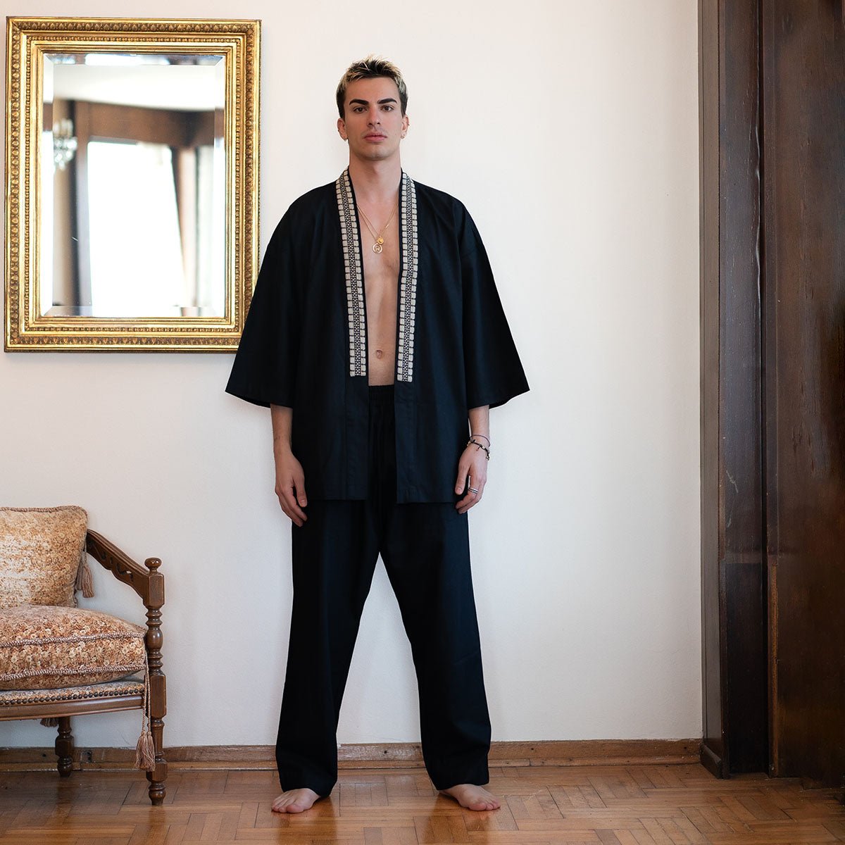 HESPERUS Oversize Men Kimono - Black - sabbia