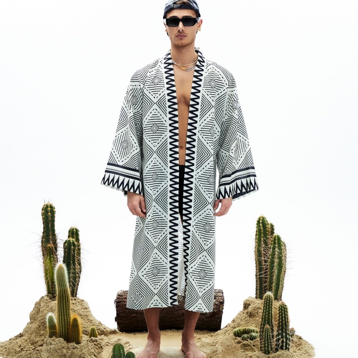 ARES Oversize Men Kimono - Black/White - Silk - sabbia